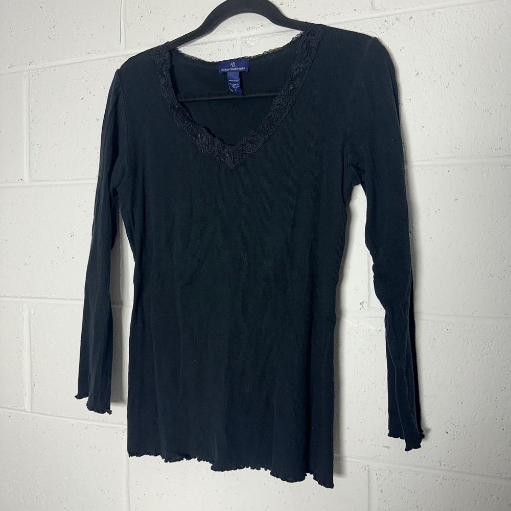 Lauren Ralph Lauren Essentials Black Ribbed Lace Trim V-Neck Top Large y2k